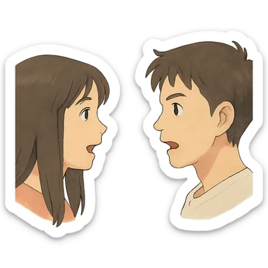 ghibli style illustration of two speaking heads facing each other sticker