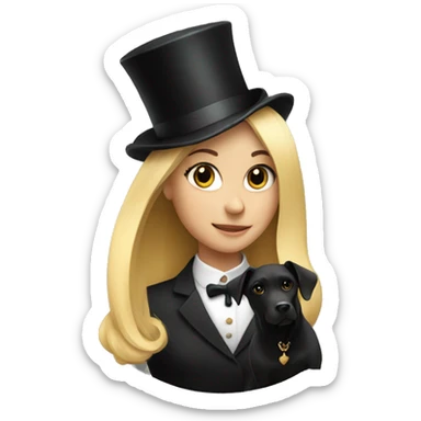 Blonde girl, black dog with a top hat sticker