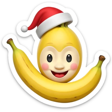 A 3D cartoon banana with a red nose and tiny hat, smiling face, playful pose, Memoji-style. sticker