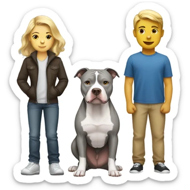 Gray Pitbull standing with white boy with brown hair and blonde girl sticker