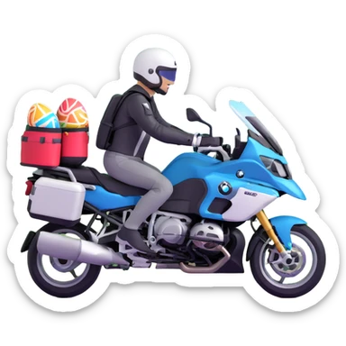 BMW RT1200 LC touring motorcycle with rider on open road in a forest with easter eggs sticker