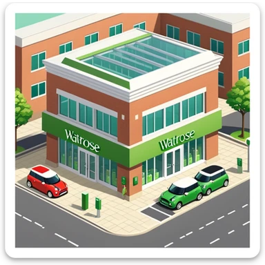 Isometric Waitrose supermarket building with green branding, brick exterior, glass entrance, British parking area with Mini Cooper cars sticker