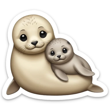 a baby seal lying next to its mother, both looking happy, minimal background, emoji style sticker