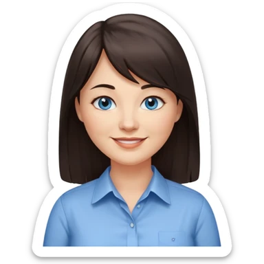 40 yr old woman, blue eyes, long straight dark brown hair, business shirt, chubby, bangs, long hair sticker