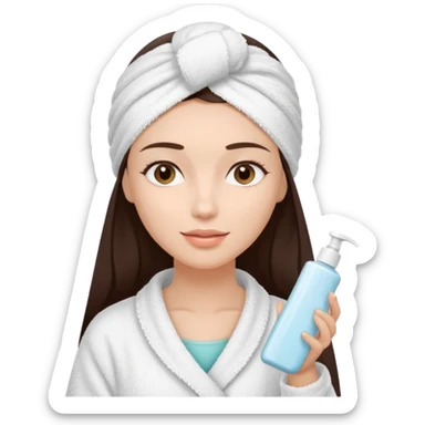 Uma mulher de toalha na cabeça pq ela acabou de sair do banho. A pele é branca/clara e cabelo marrom escuro, cabelo liso.  Ela tá com um hidratante nas mãos,  pq ela vai cuidar da pele sticker