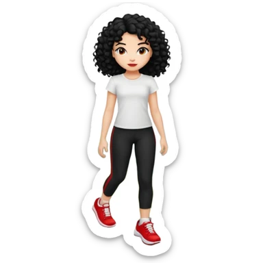 generate a pretty bratz fair skinned girl with curly black hair wearing a white tshirt trekking on a hill with red sneakers on and black leggings.  Put a hill behind her sticker