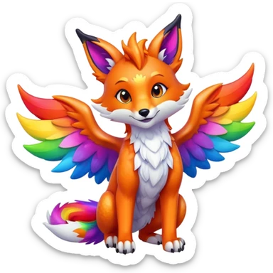 Cartoon Fox dragon hybrid with wings face front full body rainbow colored sticker