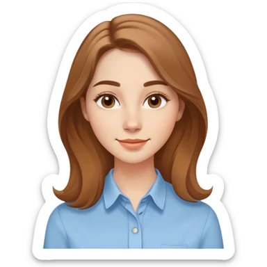 Young adult woman with oval delicate face, soft features, fine jawline, bright friendly smile, large expressive light brown almond eyes, medium arched eyebrows, proportional nose, defined lips, long light brown hair with gentle waves, wearing a casual feminine-cut light blue shirt sticker