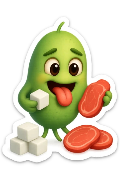 emoji stile iphone realistica di un batterio della candida con espressione affamata che si nutre di zollette di zuccheri e fettine di carne, IPERREALISTICO 4K sticker