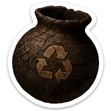 Create an Elden Ring Cracked Pot style recycle bin icon, empty. The pot should look ancient and cracked, inspired by the reference image, with a subtle recycle symbol or magical rune to indicate it is a recycle bin. The style should reflect the Elden Ring cracked pot aesthetic. 1080 x 1080, transparent background. sticker