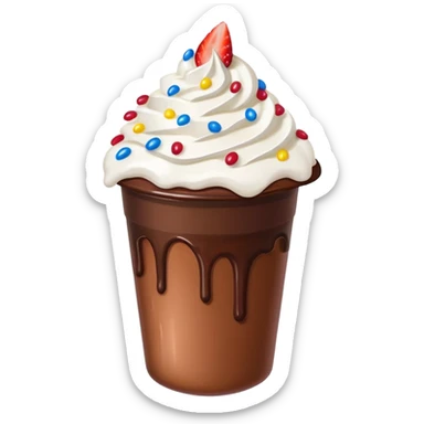 Un vaso plástico cubierto de chocolate que arriba se vea crema batida que por encima se vean fresas y chispas de colores  sticker