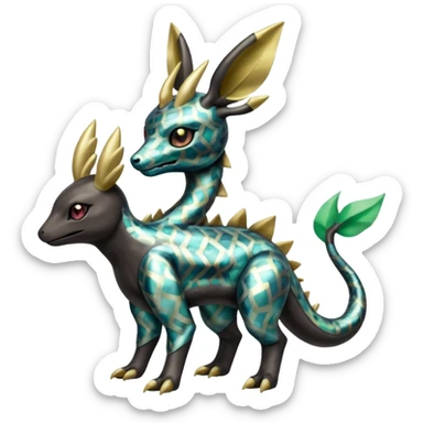 Shiny Iridescent Dusknoir-Helioptile-Cubone-Salandit-Leafeon-Fakémon-hybrid-creature (full body)  sticker