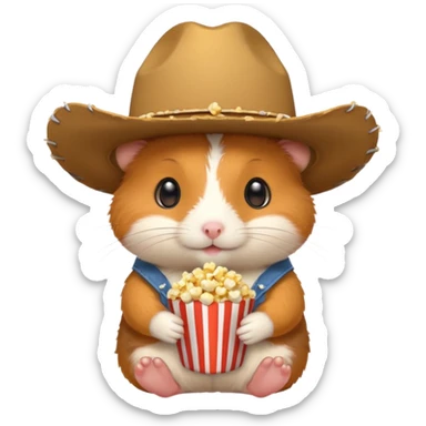 orange hamster holding pop corn, with cowboy hat sticker