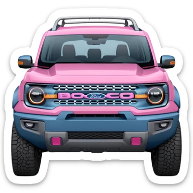 grey blue Ford bronco sport with a pink grill guard sticker