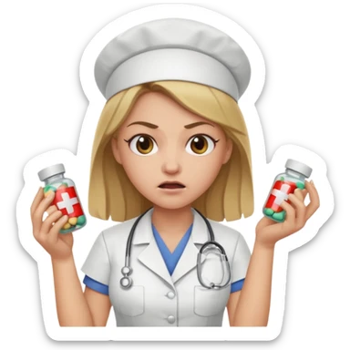 angry dark blonde nurse with a pills sticker