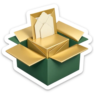 3D minimal open box with multiple envelopes floating out of it, matte finish, deep green (#0B3D2C) box, cream white (#F5F5DC) envelopes, subtle gold (#C9B037) accents, Apple style, ultra sleek, soft shadow, transparent background sticker