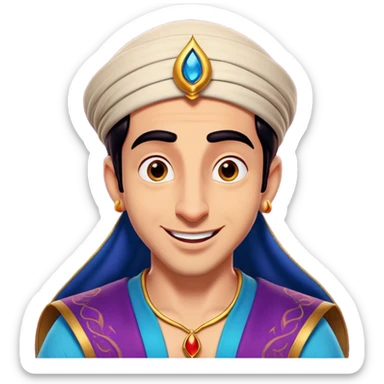 Cinematic Realistic Aladdin Portrait, head tilted dramatically with an exaggeratedly amused expression, featuring vibrant eyes and a slight, roguish grin. His detailed attire and subtle magical accents are brought to life with dynamic lighting and vivid textures, capturing a rare, playful burst of humor from a daring street-wise adventurer. sticker