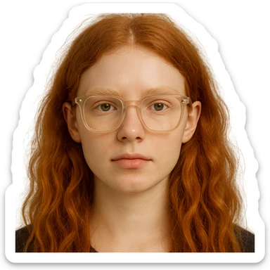 A red-haired girl with blond eyebrows and square glasses, bufo style sticker