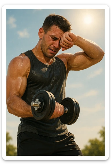 uomo fitness che si allena in estate, tutto sudato, con una mano fa un curl manubri mentre con l'altra mano si asciuga il sudore dalla fronte, espressione affaticata in volto sticker