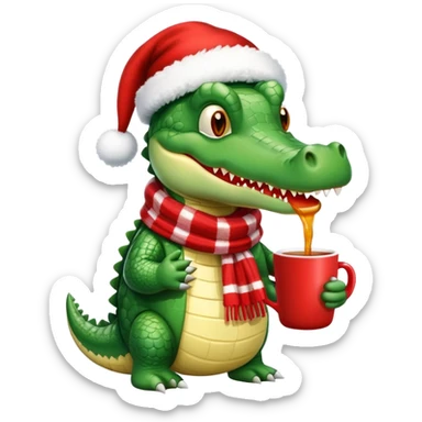 Fun crocodile wearing a winter hat and scarf, holding a warm mug of Bombardino drink sticker