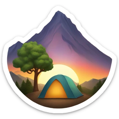 A tent by a mountain, with trees and a sunrise or sunset.” sticker
