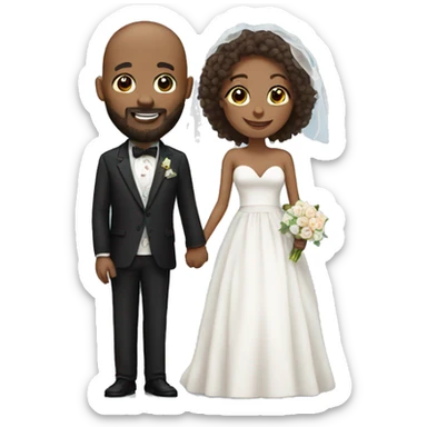 Black bald man with a beard and his wife with long, brown, curly hair on their wedding day sticker