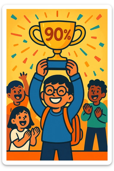 a smiling student raising a trophy with '90%' on it, classmates clapping in the background, colorful and energetic sticker