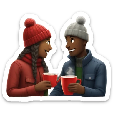 Couple drinking hot chocolate in cafe with Christmas tree  sticker