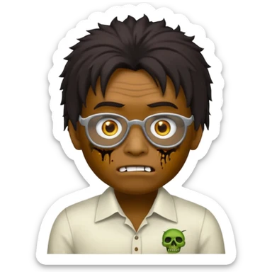 Um garoto zombie de cabelo castanho escuro, quase preto, com um cabelo médio, com olhos castanhos esverdeados, de camisa branca, com óculos redondo sticker