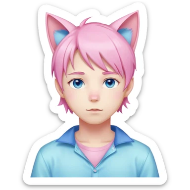 Pastel effeminate young femboy man with pastel pink shiny hair, pink cat ears, pastel yellow blouse, blue eyes, cute, gorgeous, anime, catboy sticker