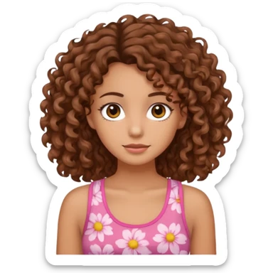 A pretty girl with tan skin and brown wavy curly hair, wearing a floral pink tank top with brown eyes sticker