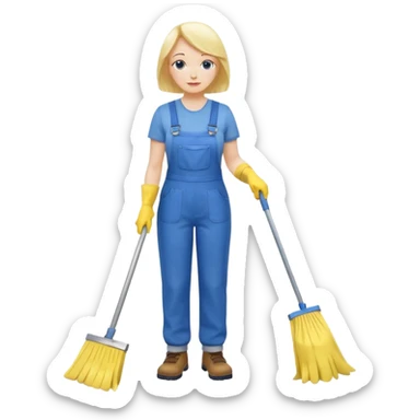middle-aged women, Custodian with yellow rubber gloves, white T-shirt, blue overalls, mopping floor sticker