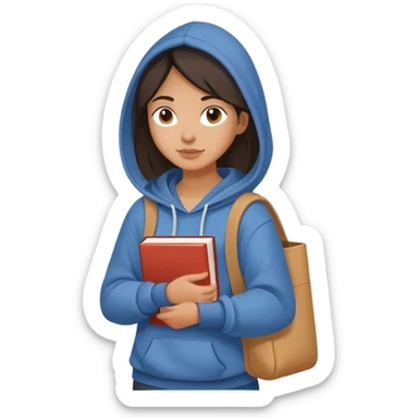A flat-style illustration of a woman college student with a tote bag over her shoulder and a book in one hand. The student wears a hoodie. Clean cartoon style, white background, iOS emoji aesthetic. sticker