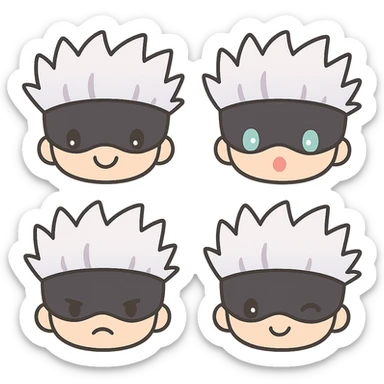 Create four different emojis of Satoru Gojo in a cute kawaii style with transparent background. Vary the facial expressions as happy, surprised, angry, and winking, while keeping the overall cute style consistent. sticker