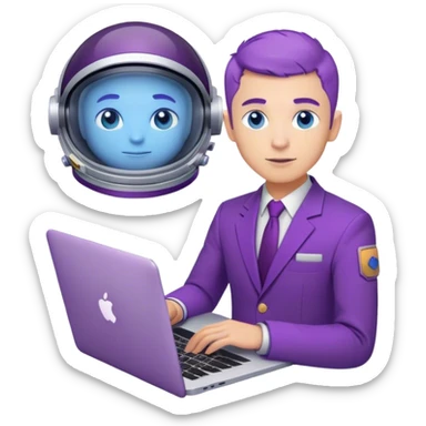 guy astronaut with purple suit, blue eyes, short purple hair and one macbook sticker