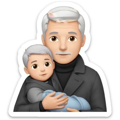 A father with silver-grey hair styled neatly and a clean-shaven face, wearing a dark turtleneck and wool coat, holding his baby sticker