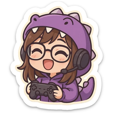 chibi anime style gamer girl with glasses, brown hair, dark purple eyes, wearing a purple dinosaur costume, making a happy emote sticker