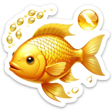 Bright golden fish with radiant glowing scales alongside a shining golden omega-3 capsule. Both elements emitting strong beams of light and sparkles, surrounding them with a brilliant aura. The scene is filled with luminous particles and light rays creating a magical, bright effect. sticker