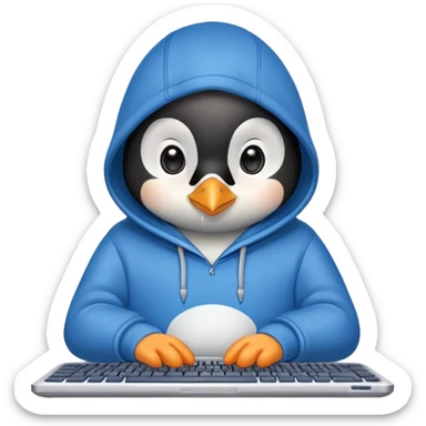 A cute penguin wearing a blue hoodie typing intensely on a laptop keyboard sticker