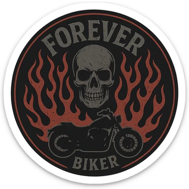 circular transparent background design for motorcycle cap, text 'FOREVER BIKER', motif: flame, motorcycle, skull, dark style sticker