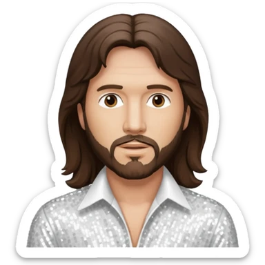 Barry Gibb from Bee Gees with long dark brown hair, white sequin outfit  sticker