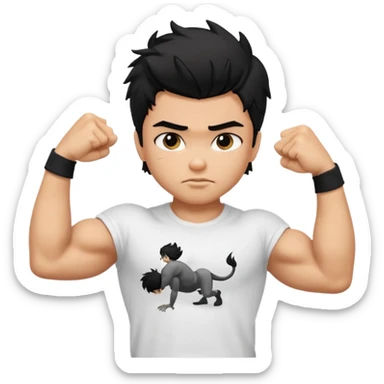 generate a pretty tan bratz boy with black messy hair flexing his biceps. wearing white tshirt sticker