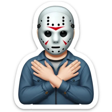 a cartoon image of Jason Voorhees, looking cute, with his hands clasped in front of him, at a sideways angle sticker