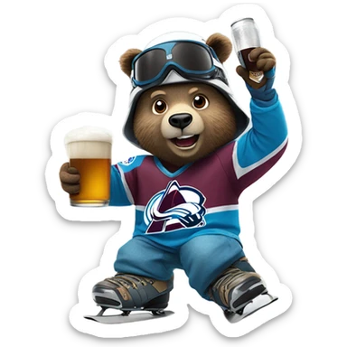 snowboarding bear with helmet and goggles in colorado avalanche jersey doing insane tricks while holding a beer sticker