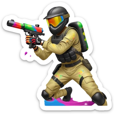 A dynamic scene of a player in action, holding a paintball gun and wearing protective gear. The background shows a vibrant paintball field with obstacles, colorful splatters of paint in the air, and an intense, competitive atmosphere. sticker