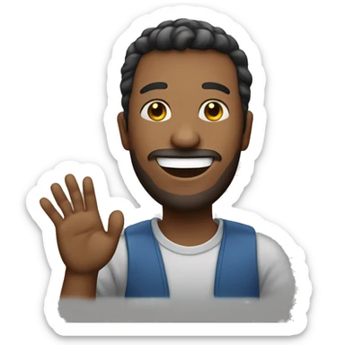 a man with a smile on his face and a raised hand sticker