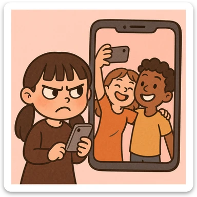 charming cartoon of a girl with long dark hair in low pigtails and blunt bangs, dark brown outfit, holding a phone and frowning angrily; next to her, a big phone screen shows two friends happily taking a selfie; minimal pink background; soft, expressive, and humorous style; focus on jealousy and exclusion sticker