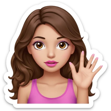 girl with long wavy brown hair, brown eyes, light to medium complexion, in a pink sexy top, pink puckered lips, long lashes, whatever with the hand out sticker