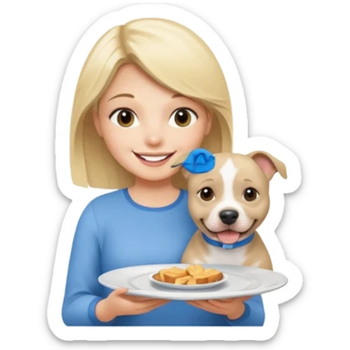 Blonde girl with plate with a blue English staffy sticker