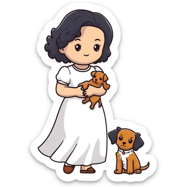 beautiful girl with long black hair in a white dress holding a small brown curly-haired dog sticker